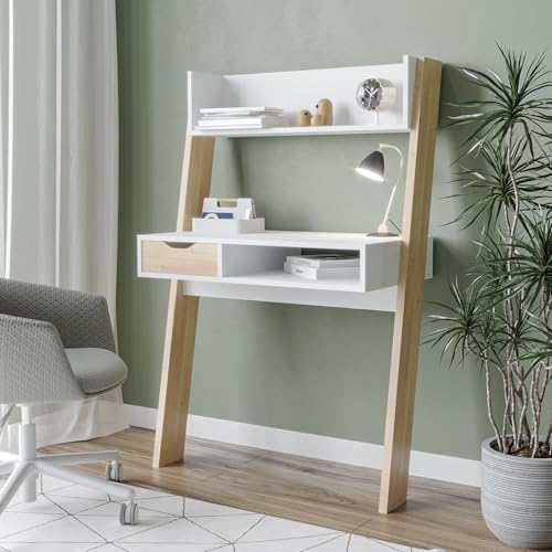 URBNLIVING Oak & White Ladder Desk 1 Drawer Shelf Wooden Bedroom Computer Table Work Office