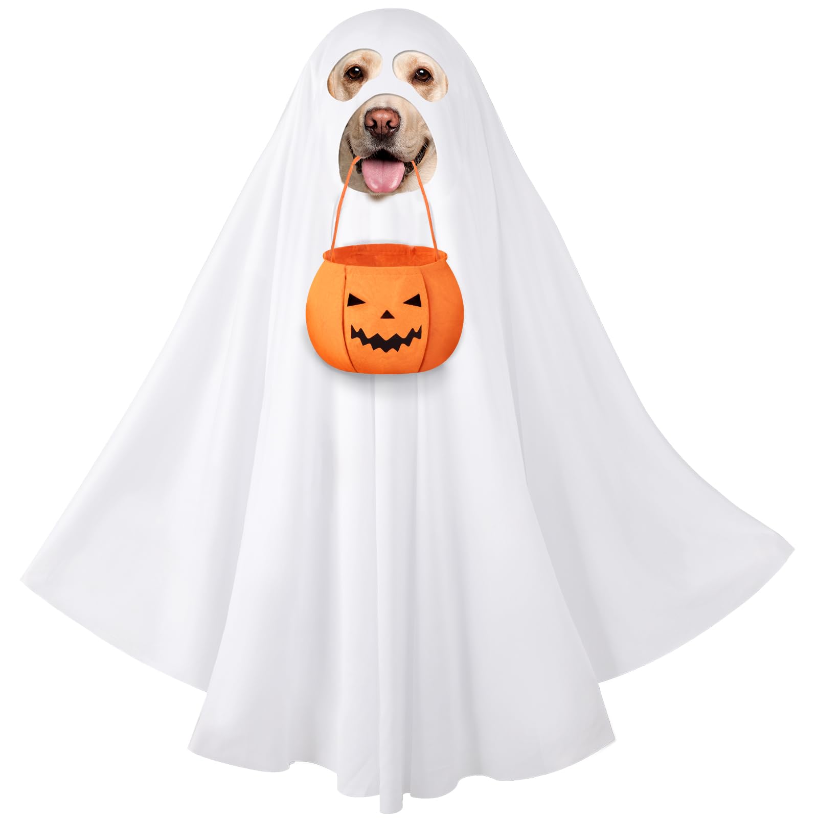 Halloween Dog Ghost Costume Set for Large Dogs, White Ghost with Felt Pumpkin Candy Bucket, Dog Costumes for Large Breed with Trick or Treat Bags