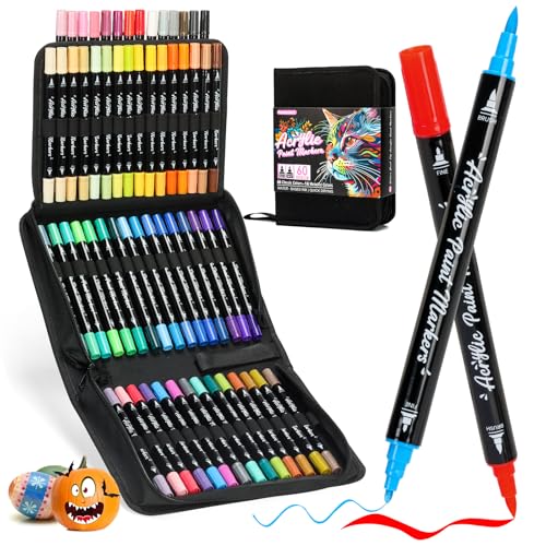 Marqueurs de peinture acrylique double pointe 60 couleurs pour roche et toile