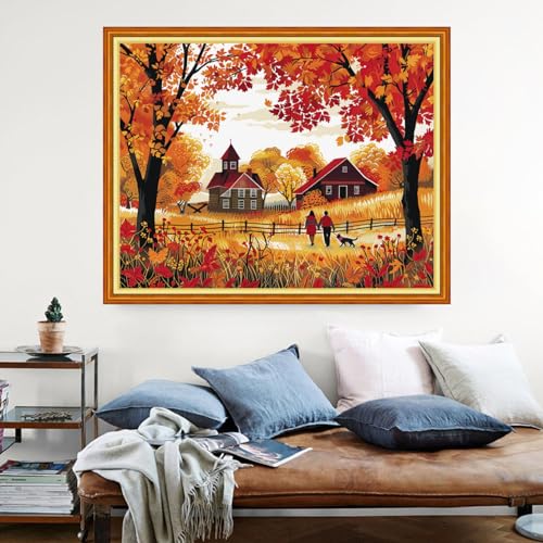 Image of Dimensean Stamped Cross Stitch Kits Full Range of Embroidery Patterns Starter Kits for Beginners Adult DIY Cross Stitches Needlepoint Kits 11CT- Golden Autumn Strolling 16x20 inch