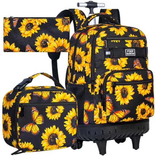 Image of 3Pcs Rolling Backpack for Girls, 19 Women Inche Roller Bag with Wheels, Sunflower Wheeled Bookbag Set for Adults(Yellow)