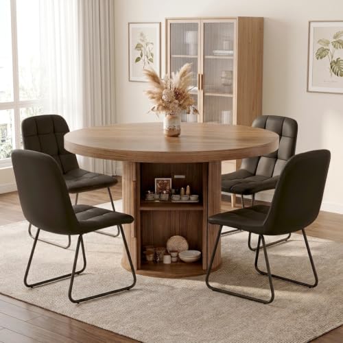Image of Modern Round Dining Table Set for 4, 43.3 inch Walnut Wood Kitchen Table with 4 Black PU Leather Chairs, Mid-Century Circular Dinner Table with Heavy-Duty Iron Pedestal Base, Small Space Furniture