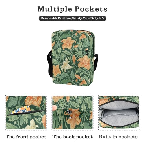 KLL Vintage Orange Lily Flower Green Leaves William Morris Style small messenger bag for men Vegan Leather Shoulder Crossover Bag Travel Shoulder Handbag For Travel2