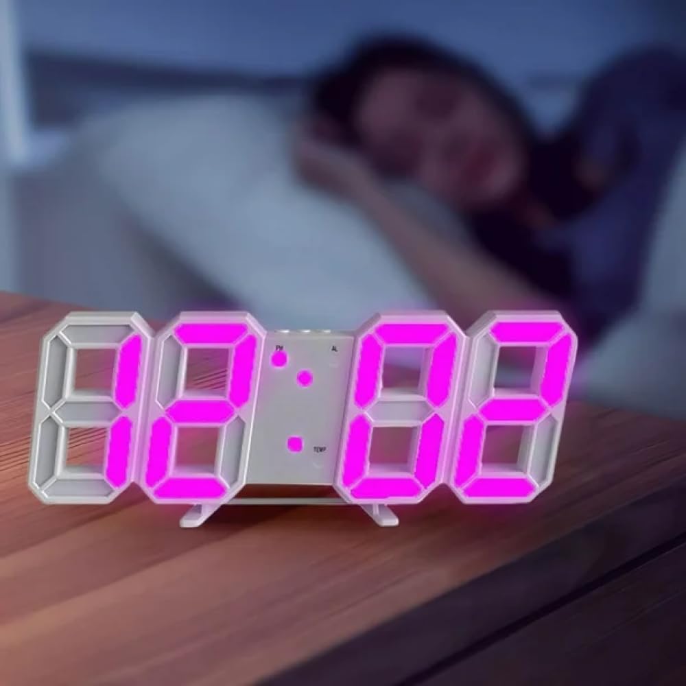GYAN ECOM GADGETS 3D LED Digital Alarm Clock, 23.5 cm Display, Night Light with White-Pink, Adjustable Brightness, Temperature Display 4