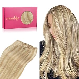 WENNALIFE Real Human Hair Extensions – 16 Inch, 80g Light Blonde Highlighted Golden Blonde Hand Tied Weft Sew In