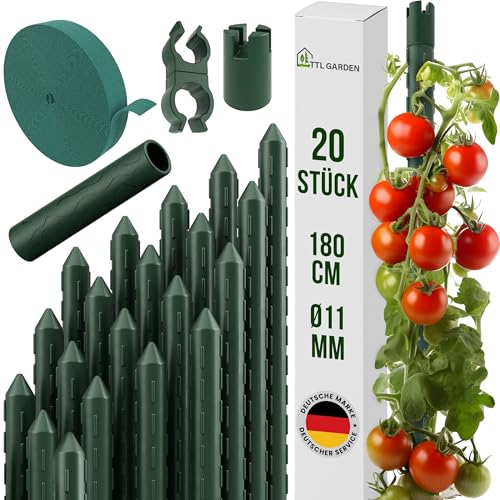 TTL GARDEN Rankstäbe 5er Set 180cm x 16mm Ø grün - extra stabile 16 mm Rankhilfe Pflanzstäbe Stahl rostfrei kunststoffbeschichtet Pflanzenstütze Blumenstütze für Tomate Paprika Gurke Bohnen & Blumen