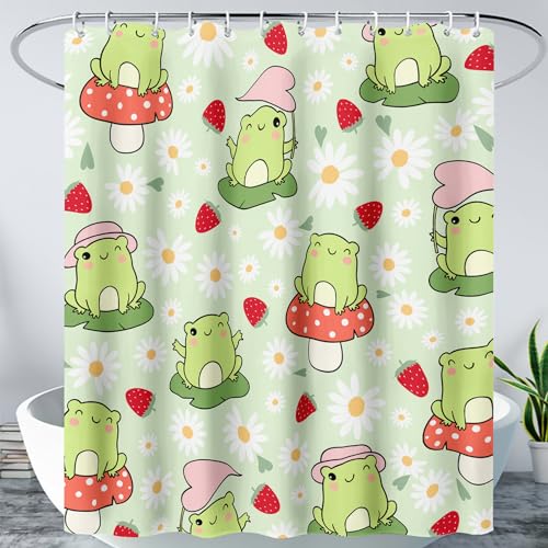 AILONEN Cute Frog Shower Curtain for Bathroom, Kawaii Strawberry and Frog Bath Curtain,Mushroom Frog Kids Girls Waterproof Curtain with 12 Plastic Hooks(48