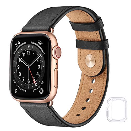 Leather Band Compatible with Apple Watch Bands 38mm 40mm, Genuine Soft Leather Replacement Wristband Strap for Men Women for iWatch SE Series 6 5 4 3 2 1(Black/Rose Gold?38MM 40MM)