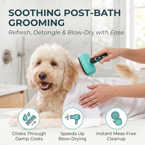 Self Cleaning Slicker Brush for Dog & Cats, Skin Friendly Deshedding Grooming Tool for Shedding Long and Short Haired Pets, Easy Clean Retractable Bristles, Green