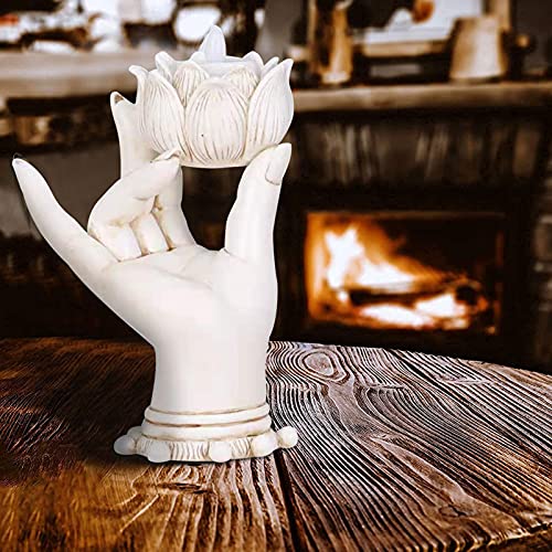 Meditation Accessories Tea Lights Candle Holder Buddha Decor Spiritual Decor Hand Candle Holder Sculpture Antique Collectible Figurines Feng Shui Decor For Home Office (White) #TOP2