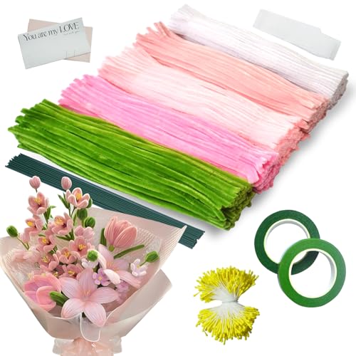 Ezitruz 500 Stück Pfeifenreiniger Blumen Set 5 Farben Pfeifenputzer zum Basteln für DIY mit Schleifenband Klebeband Staubblätter Blumendraht Blumenpapier Anleitung zum Blumenbasteln(Rosa Grün)
