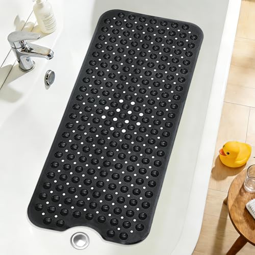 Naoloture Extra Long Black Bathtub Mat Non Slip Soft Bath Mat for Tub 40 x 16 Inch Full Size Bath Tub Shower Mats for Bathroom Floor with Big Suction Cups and Drain Holes Easy Washable BPA Free