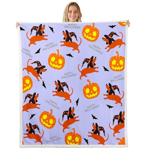 Feelyou Halloween Theme Dachshund Fleece Throw Blanket Halloween Pumpkin Sausage Dog Sherpa Blanket for Kids Cute Puppy Dog Plush Blanket Dachshund Puppy Fuzzy Blanket for Sofa Bed Couch 50"x60"