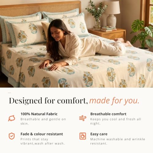 Image of Naksh Bedsheet Queen Size Bed Cotton | Royal Sajawat Turquoise Floral Bedsheet with 2 Pillow Covers | Pure Cotton Bedsheets for Queen Size Bed | Elegant Cotton Bedding Set for Double Bed