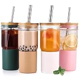 4 Pack Glass Cups with Lids and Straws, 22oz Mason Jar Glass Tumbler, Smoothie Cup with Silicone Sle