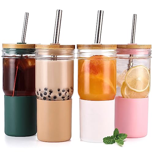 4 Pack Glass Cups With Lids And Straws, 22Oz Mason Jar Glass Tumbler, Smoothie Cup With Silicone Sleeve, Reusable Boba Cup, Modern Cute Iced Coffee Cup, Drinking Glasses For Tea, Juice, Soda, Cocktail #TOP7