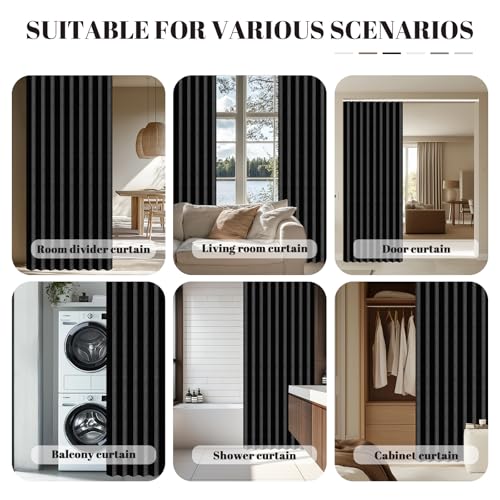 Image of AJAZZ Blackout Magnetic Door Curtain with Curtain Rods Adjustable 28-52 inch Long Pleated Door Curtain Folding Door Invisible Applicable Bedroom Room Living Room Doorway (1 Pack, 54 W x 78 L, Black)