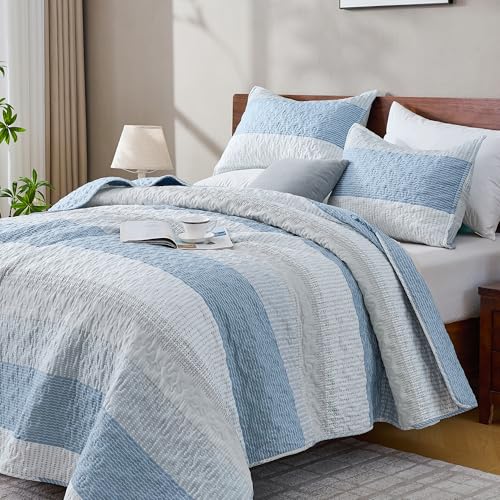 Image of Andency King Size Quilt Set Misty Blue, 3 Pieces Summer Ultra Soft Lightweight Bedspreads & Coverlets Set, Patchwork Striped Quilted Bedding Sets for All Seasons (1 Quilt, 2 Pillow Shams)