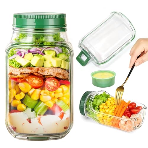 Glovvin Salad Jar Leakproof Salad Container - Side-Opening Mason Jar with Dressing Compartment | Airt Seal, Portable Lunch Box for Salads, Fruit, Grain Bowls & On-the-Go(7.5"x3.9"x3.5" 1PCS)