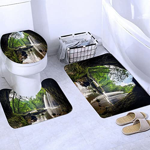 4-teiliges Duschvorhang-Set -- Natur-Wasserfall-Landschaft -- mit rutschfestem Teppich, Toilettendeckelabdeckung Badematte wasserdichtem Duschvorhang für Badeduschvorhang für Badezimmer 180X180 CM – Bild 4