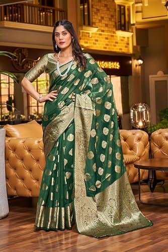 Image of SWORNOF Women's kanjivaram banarasi silk saree Zari Woven for festival Wedding silk with rich pallu Design sarees for women with Unstitched blouse piece