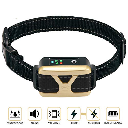 Bark Collar No Shock Bark Collar Rechargeable Bark Collar Shockless with Adjustable Sensitivity and Intensity Beep Vibration Barking Control Device Bark Collar for Small Medium Large Dogs (Gold)