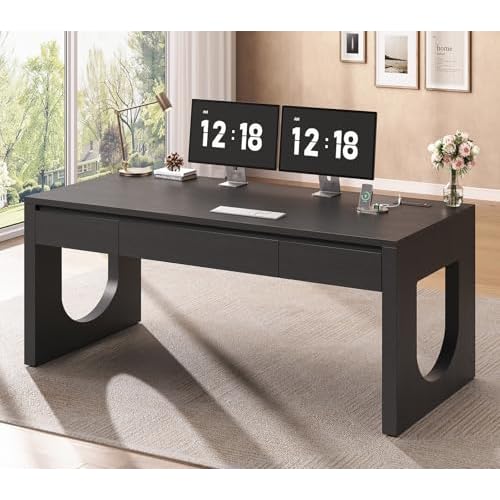 SEDETA 55" Executive Desk with 3 Drawers, Modern Office Desk with Drawers, Wood Computer Desk with Power Outlet, Home Office Desks with Relief Texture, Black