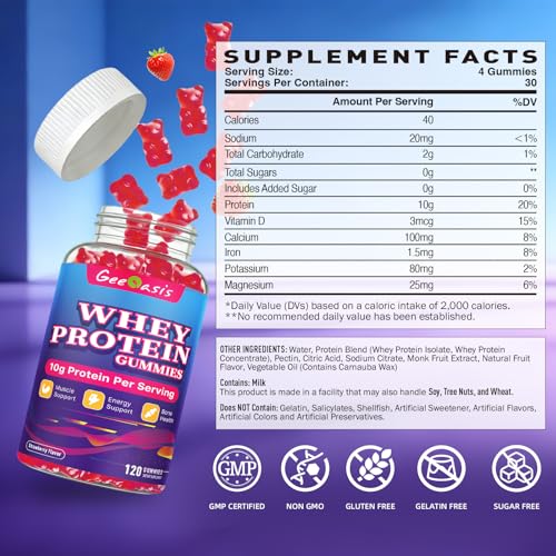 Whey Protein Gummies 10g, Protein Chewables Supplements for Women & Men, Muscle & Energy Support, Bone Health, Strawberry Flavor, 120 Count - Image 3