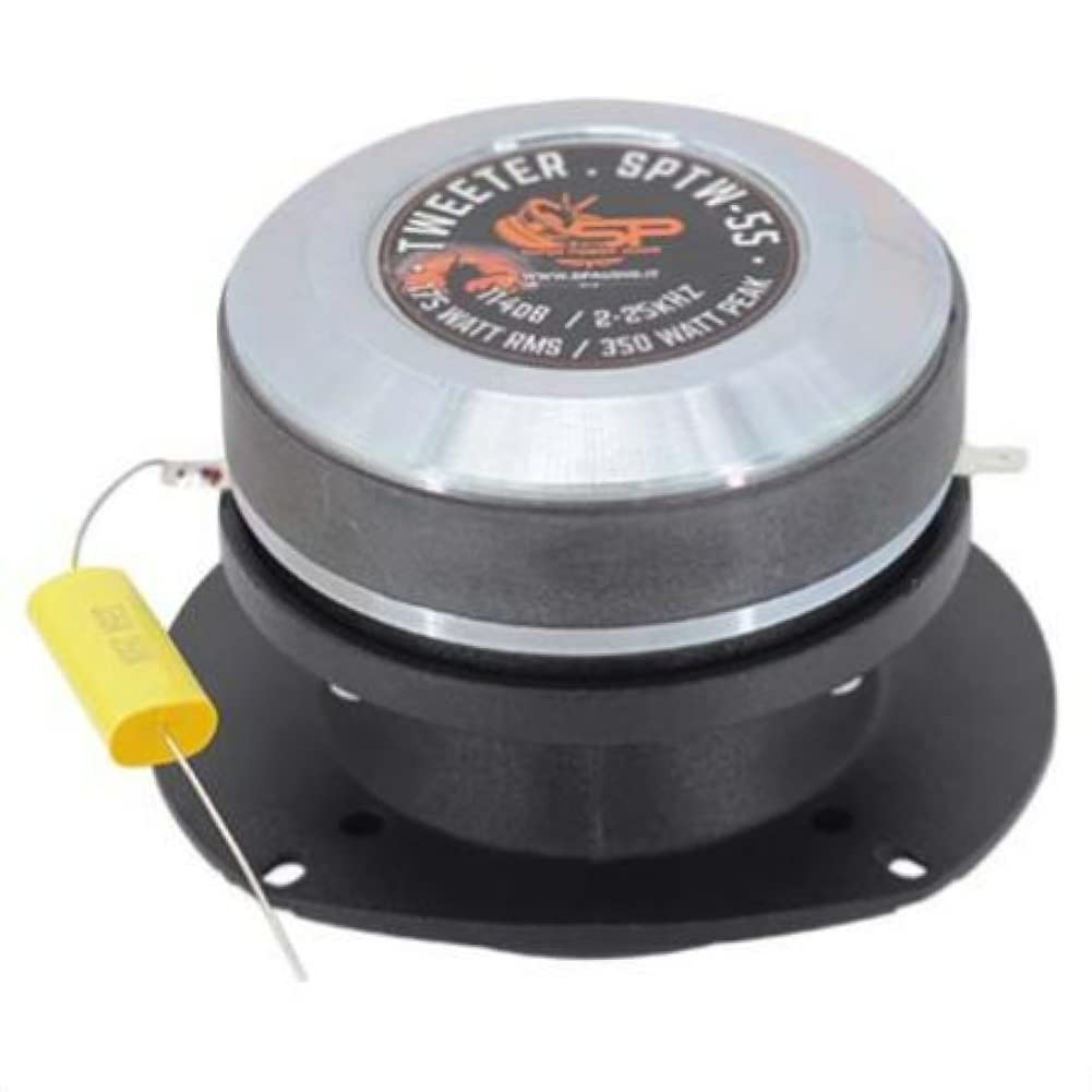1 SP AUDIO SP-TW07 SPTW07 8,5 cm 85 mm diameter super tweeter 100 watt rms en 200 watt max impedantie 4 ohm gevoeligheid 112.3 db neodymium magneet, 1 stuk condensator en 3 gratis stickers