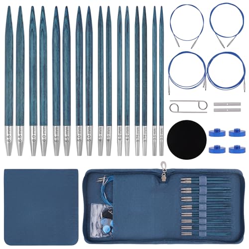BsHooker Interchangeable Circular Knitting Needles Set with Case 3.5mm-6.5mm Birch Wood Knitting Needles Set with Cables Complete Accessories