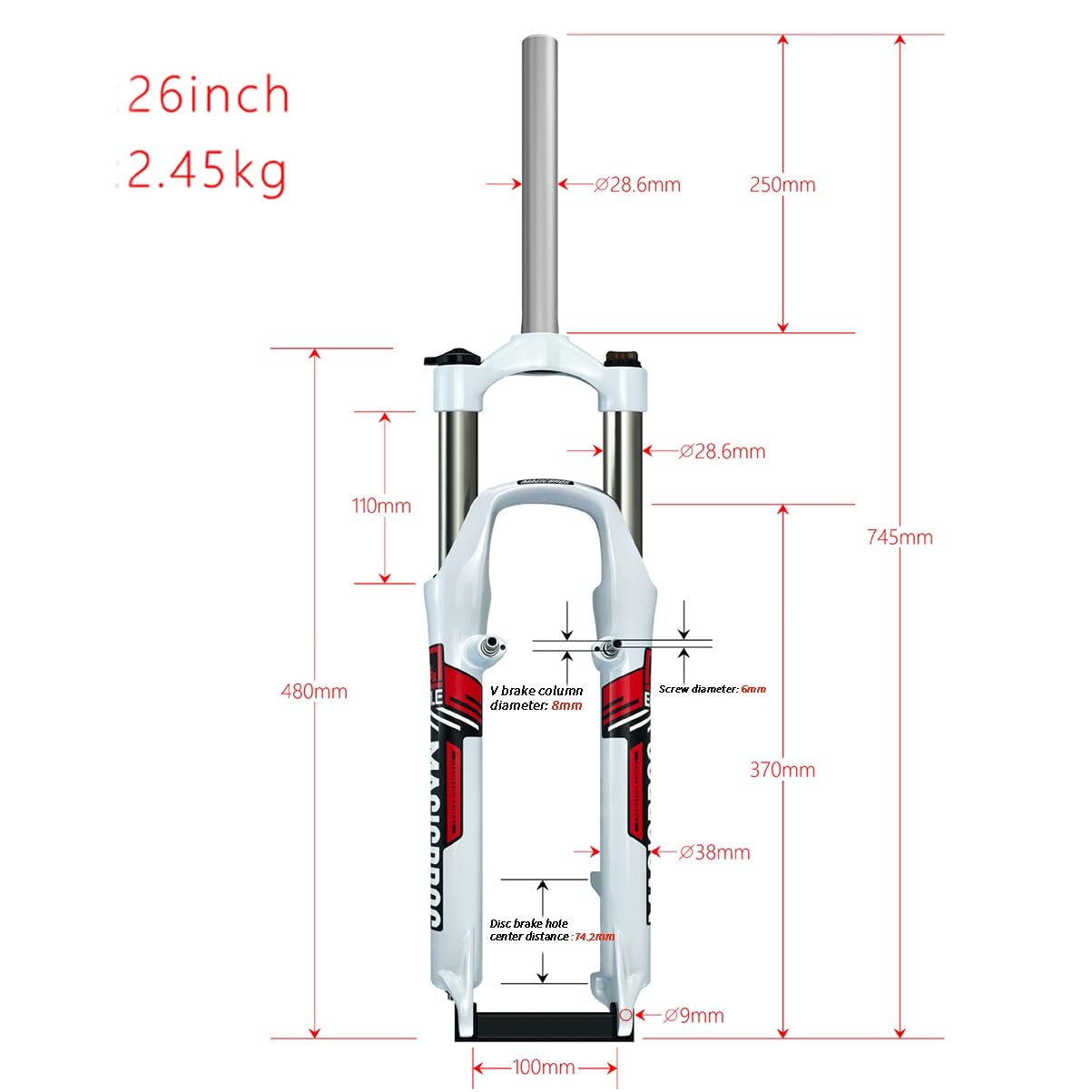 Fourche Suspendue pour VTT 26 Pouces, débattement de 100 mm, Tube Droit, Blocage Rapide Avant, Freins à Disque V-Brake 9*.
