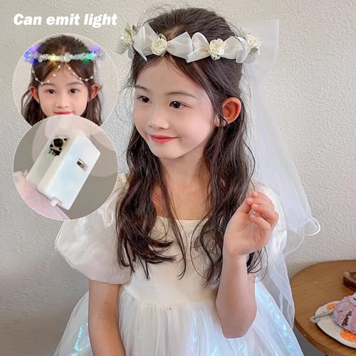 Velo de Primera Comunión con luz cristal lazo blanco tocado de niña 4