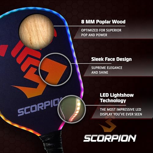 Image of SCORPION LED Pickleball Paddles Set of 2 or 1 - Lightweight Rackets with LED Edge Lighting | Carbon Fiber /Fiberglass /Wood Face | Durable Paddles for Women, Men, and Kids | Includes Bonus Accessories