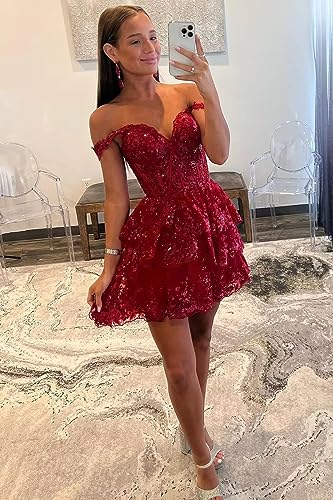 HyFowerDW Lace Applique Homecoming Dresses 2023 Off Shoulder Sweetheart Tiered Short Prom Cocktail Graduation3