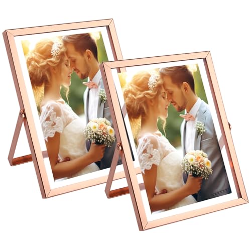 Golden State Art 2 Pack 5x7 Inch Metal Picture Frames Floating Display for 4x6 3x5 Photos with Real Glass and Pull-Out Easel Stand for Tabletop Display (Vertical) - Rose Gold