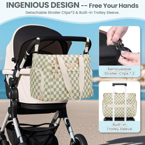 Image of Pritent Diaper Bag Tote for Working Mom, Large Travel Diaper Tote for Mom and Dad with 14 Inch Laptop Sleeve, Mommy Maternity Travel Baby Bag for Boys and Girls, Checkered Green