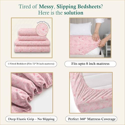 Image of Dream Weaverz- Polycotton Printed Double Bed Size Fitted Elastic Bedsheet,2 Pillow Cover,260 Thread (72 inch x 78 inchx7 inch) Home, Bedroom (Light Pink, King)