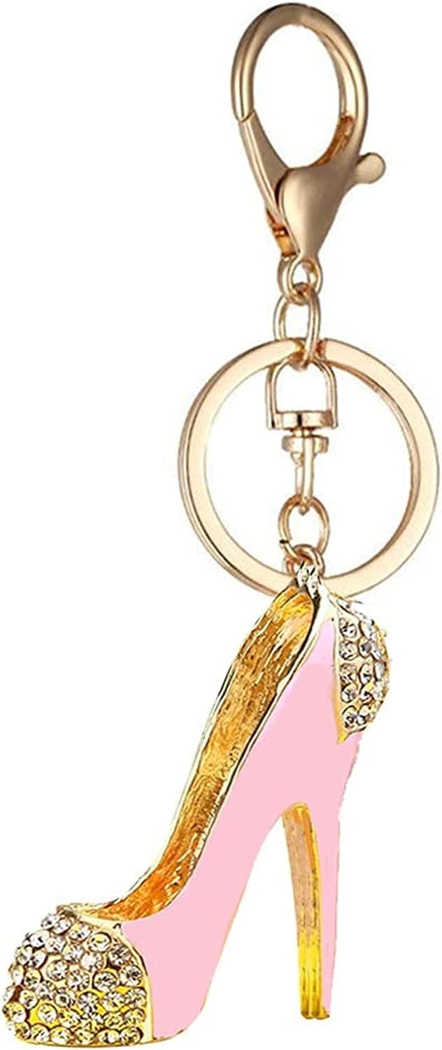 Reizteko Women's Gold Plated Crystal Rhinestone Pink High Heel Shoe Keychain Car Bag Pendant Purse Charms Gift