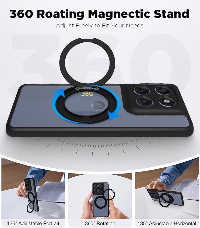 Image of RIGGEAR Shockproof Sleek Hybrid Armor 360 Rotating Magnetic Ring Stand Back Cover Case Compatible with MagSafe Accessories for Motorola Moto Edge 60 Fusion /Moto Edge 60 (Clear PC+Black TPU Bumper)