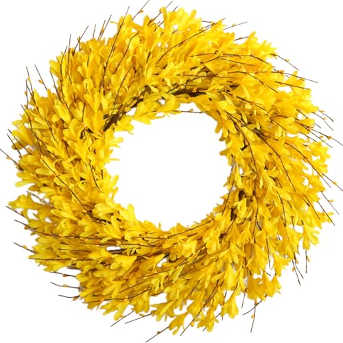 Bibelot 22inch Artificial Forsythia Flower Wreaths Spring Summer Fall Wreath Silk Leaves Wreath for Front Door Wreaths Porch Farmhouse Patio Garden Home Decor (Yellow)