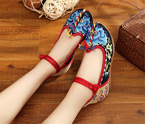 Qhome Women's Floral Embroidery Ethnic Style Strappy Comfortable Casual Walking Canvas Mary Jane Flat Shoes3