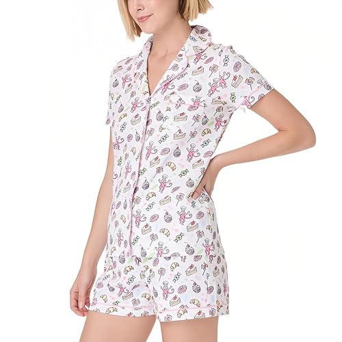 Image of Womens Pajamas Set Shorts Button Down 2 Piece Monkey Bunny Y2k Roller Dupes Rabbit Preppy Lounge Pjs Comfy Sleep Wear