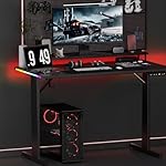 GTRACING Gaming Desk 55 Inch with LED Lights, Large Computer Desk with Mouse Pad for Home Office, T-Shaped Carbon Fibre Surface PC Game Workstations with Headphone Hook, Black - Image 2