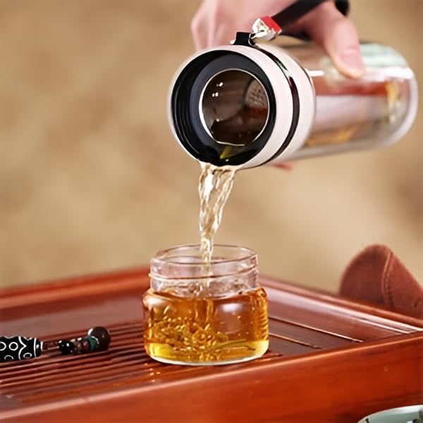 SHREE KASHTBHANJAN INTERNATIONAL Glass Tea Infuser Bottle Tea Flood Cup Double Wall Borosilicate Portable Travel Tumbler Mug Leakproof for Loose Leaf Flower Herbal Tea Bags /350ML (Pack of 2) 4