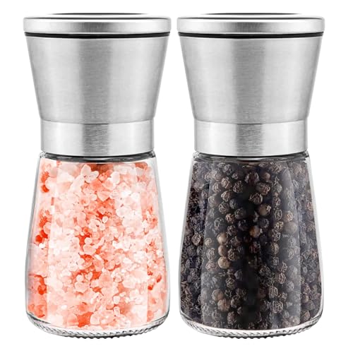 Salz und Pfeffermühle 2er Set, Edelstahl Gewürzmühle für Gewürze, Pfeffer und Salzmühle, Keramischer Mühle, Salzmühle für Grobes Salz, Gewürze, Pfeffer und Chilli