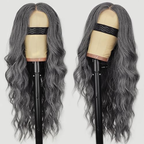 Image of AISI HAIR Gray And White Wig for Women, Long Wavy Lace Hairline Middle Part Synthetic Heat Resistant Wig for Daily Party-26 Inch