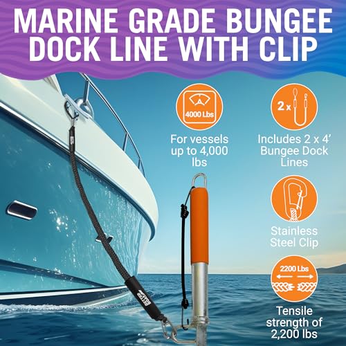 Image of 2-Pack Black Bungee Dock Lines with Clip, Marine Grade Boat Rope, Jet Ski