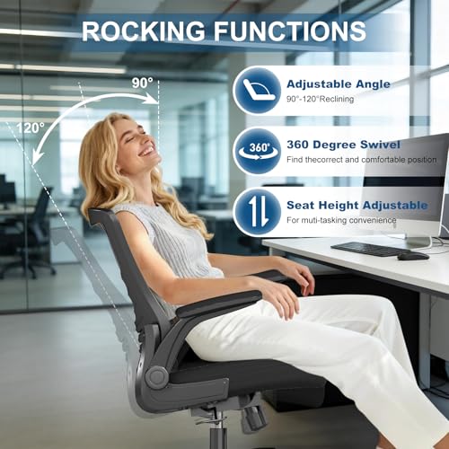 Image of Mesh Office Chair, Comfy Desk Chair with Flip-Up Armrests, 6PC | 300 LBS Capacity, Black Breathable Mesh, Adjustable Height, 360 Swivel Wheels, Computer Chair for Study, Home Space Saving