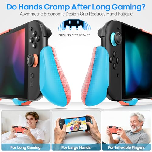 Image of OIVO Grip Compatible with Nintendo Switch 2, Switch 2 Ergonomic Grip Case with Adjustable Stand, Comfort Game Accessories with 5 Game Card Slots and 4 Thumb Caps, Blue Orange