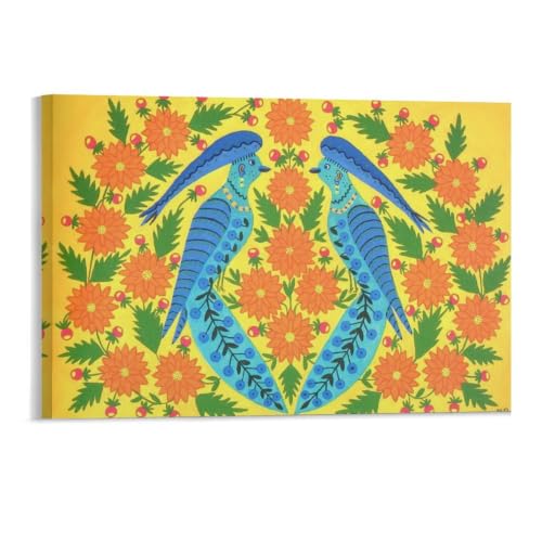 Blue Birds in Flowers By Maria Prymachenko Poster Canvas Wall Art Decorative Bedroom Modern Home Print Picture Artworks 11x17inch(28x43cm)
